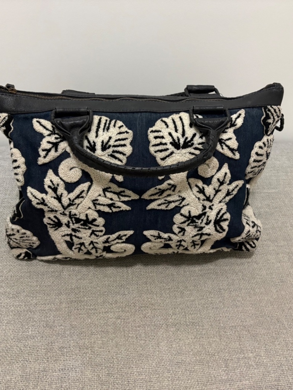 Cleobella Asliah Weekender bag leather, chambray and floral embroidery
